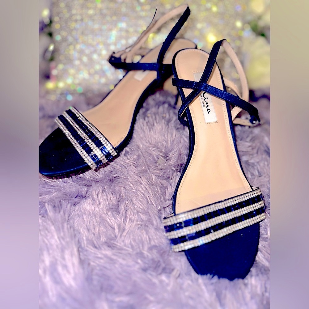 NINA Navy Noga Blue Satin MidiHeels w/Sparkling Navy&Clear Rhinestones Size 8.